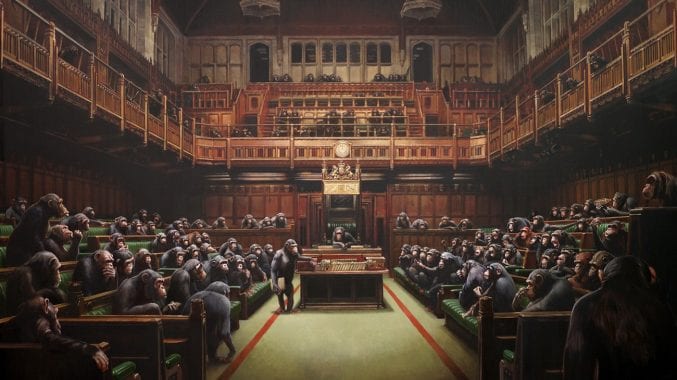 A canvas painting of chimpanzees in the Houses of Parliament
