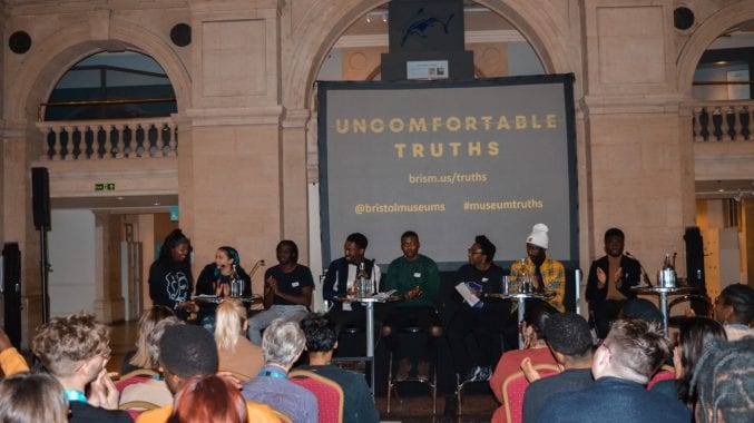Photograph of Uncomfortable Truths launch showing panel of the group who helped create the project