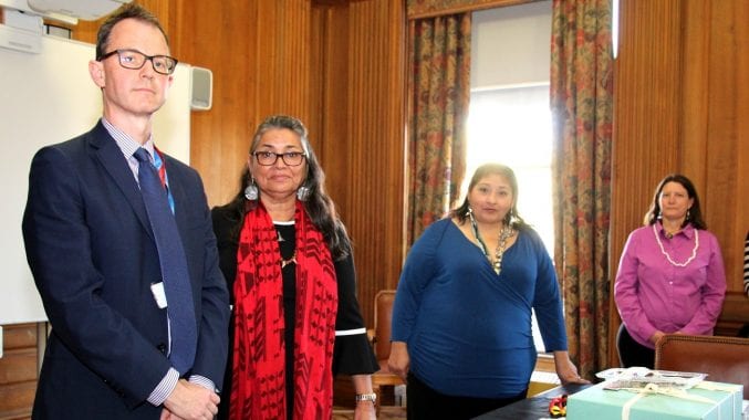 Museum director Jon Finch with representatives of Tongva ancestors