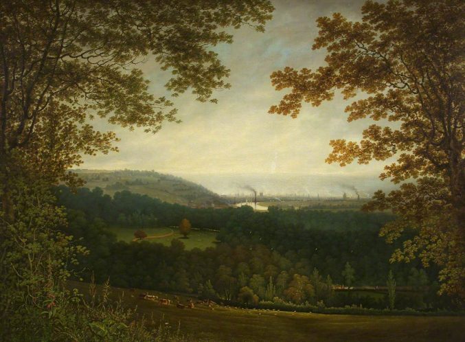 A view of Bristol with woodland in the foreground and industrial chimneys in the distance. 
