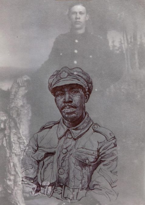 An archive photograph of a white soldier overlaid with a drawing of a black soldier
