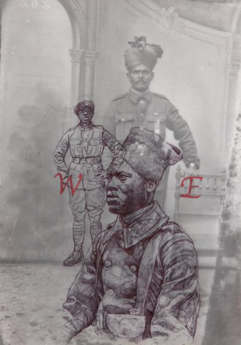 An archive photograph of an Asian soldier overlaid with two drawings of a black soldiers. The letters W and E appear in red next to each of the black soldiers