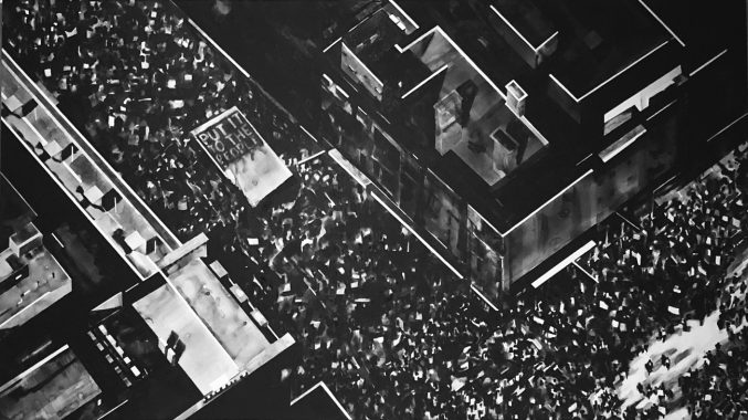 A black and white painting of a protest by Joy Gerrard