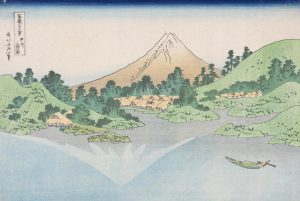 A Japanese Print print showing a reflection of Mount Fuji in Lake Misaka.