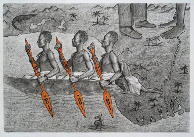 Three men in a vessel using Nigerian wooden paddles made by the Itsekiri people of Southern Nigeria.