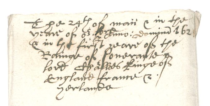 Part of the probate inventory for Cattellena of Almondsbury. It begins with the words ‘The true enventorie of all the goodes & chattels of one Cattelena’. The words ‘a negra’ were added later (ref. EP/J/4/18 (see 1625/18)]
