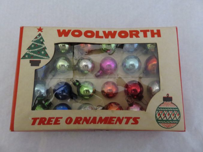 A box of Christmas baubles from Woolworths
