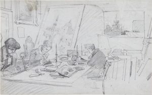 A drawing by Muller of three men sat at a table working