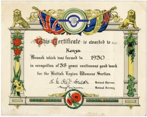 Certificate awarded to the Kenya RBL Women’s Section to commemorate 38 years continuous good work, c. 1968 (BECC 2003/212/4/4)