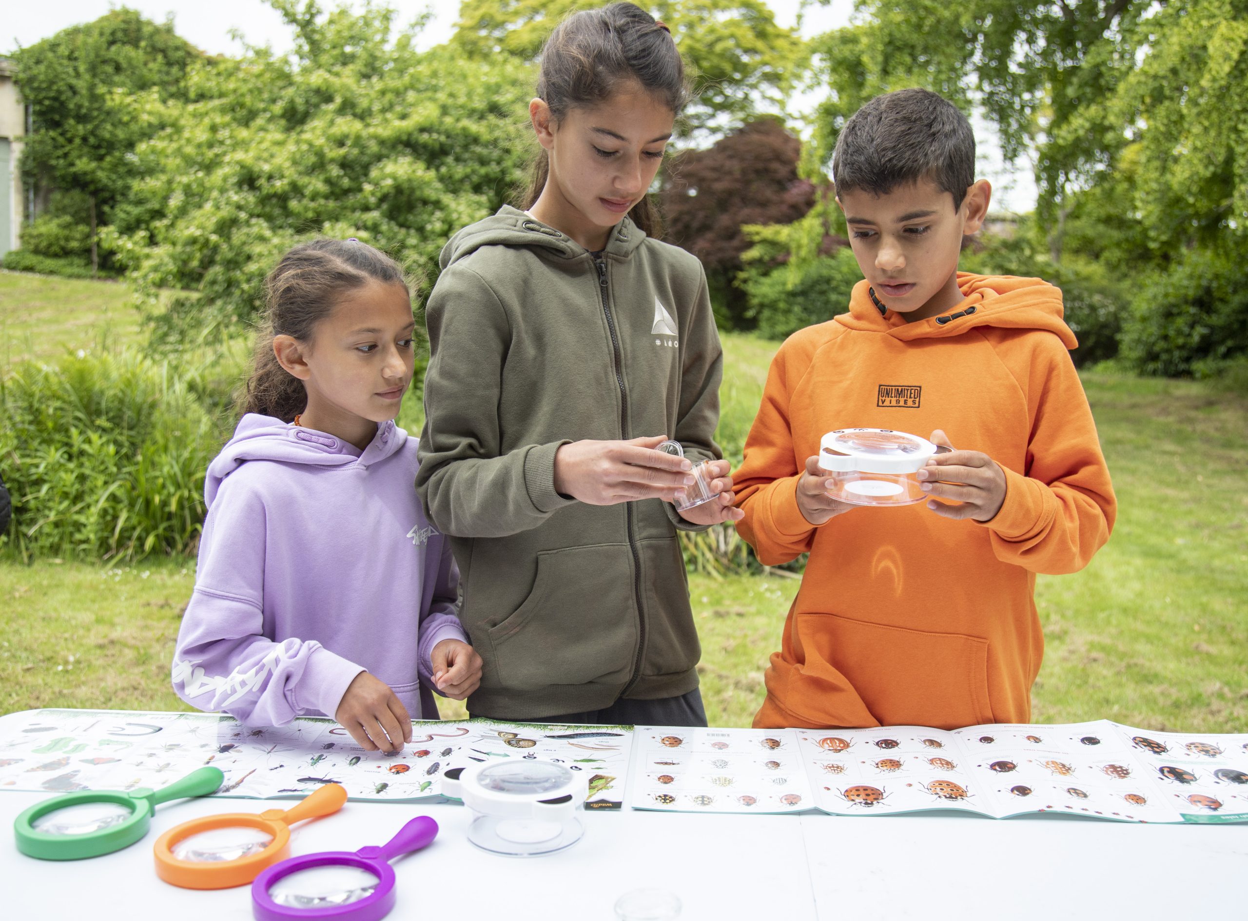 Three children standing at a table and inspecting the insects they've found at Blaise in the summer. Three colourful magnifying glasses lay on the table in front of them as well as a guide of insects.