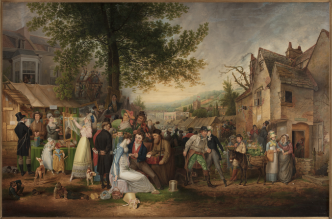 This painting depicts every negative aspect associated with the fair, including robbery, sex work, vanity and gambling. The young lady at the centre of the painting has lost her bonnet, which lies on the floor at her feet suggesting her virtue is no longer intact.