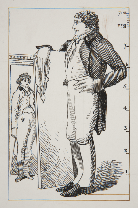 This shows a portrait in pen and ink of Patrick Cotter O'Brien. He stands on the right, leaning on a door frame, which is at the extreme left of the picture. There is a smaller man in the doorway who reaches to O'Brien's waist. O'Brien wears a necktie, coat, trousers, high gaiters and boots, and has curly hair. We can see that he is very tall, as there is a measurement to his right which shows that he is over 8 foot tall.