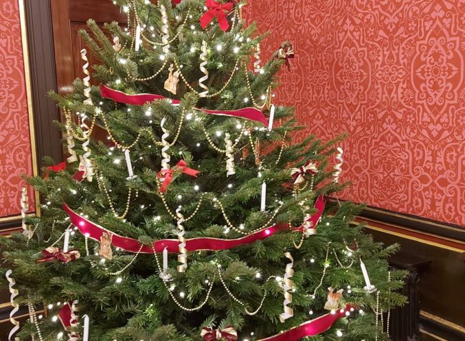Christmas tree decked with lights, red ribbon, curled gold paper, gold beads and candles. Patterned red wallpaper in the background.