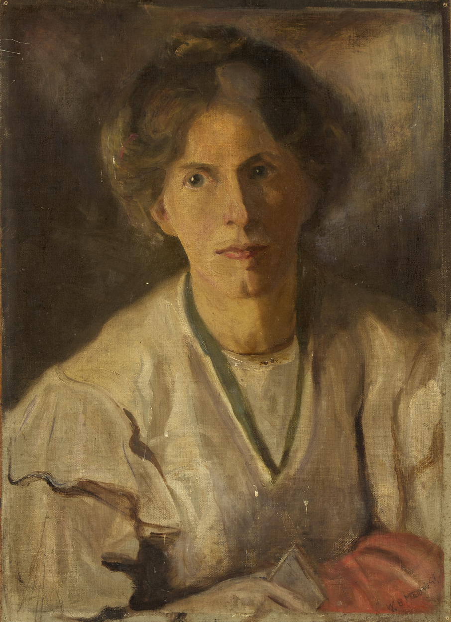 Oil painting portrait of head and shoulders of a woman. Here hair is in a loose top bun and she wears a white blouse