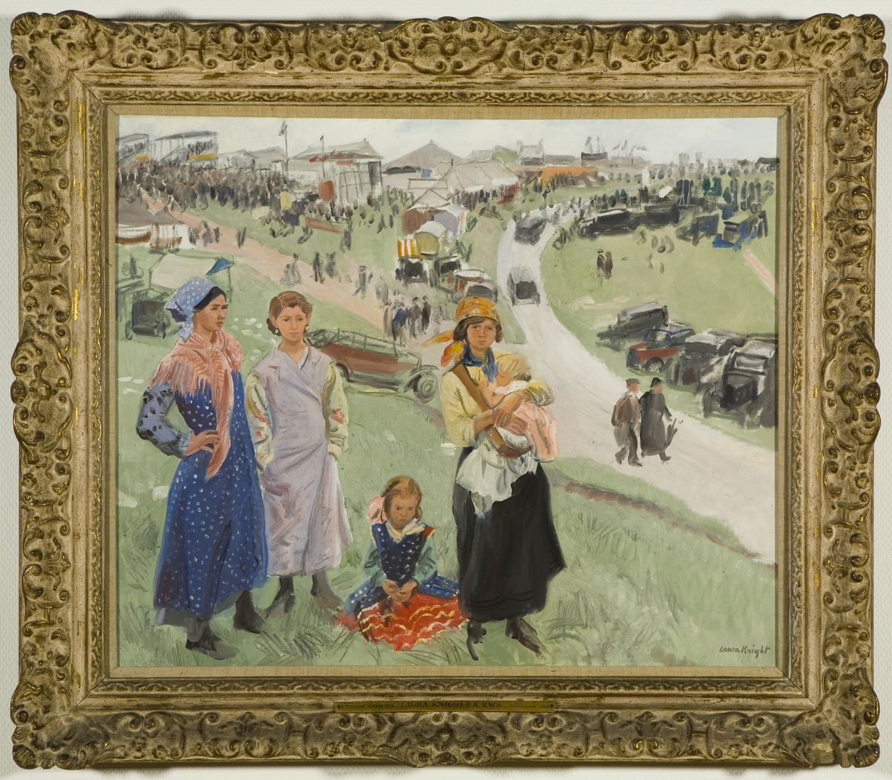 A painting of three women standing at a racecourse, one holding a baby and a small female child is seated on the grass between them
