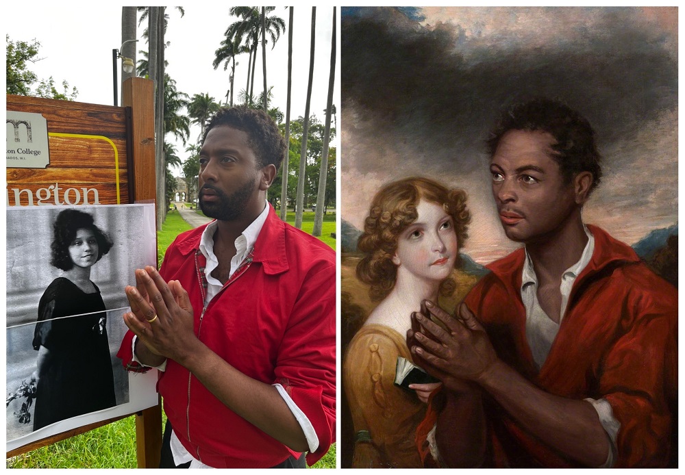 Photogragh of Peter Braithwaite with hands in prayer position, wearing red. Side by side with a painting of a black man also with hands in prayer position, wearing red. White young woman in background of painting looking towards man,