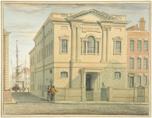 A painting of the Assembly Rooms on Prince Street. The building is on a corner and the mast of a ship can been seen at the end of the side road.