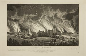 A painting of The City of Bristol on the night of the Riots. The city is up in flames and there are people standing on hills in the foreground of the painting running for their lives. The river Avon is to the right of the city.