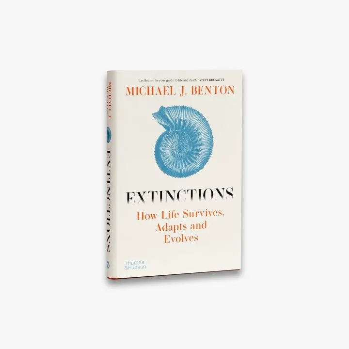 Cover of Professor Mike Benton's book 'Extinctions - how life survives, adapts and evolves'. The book has a picture of a blue ammonite on the front cover.