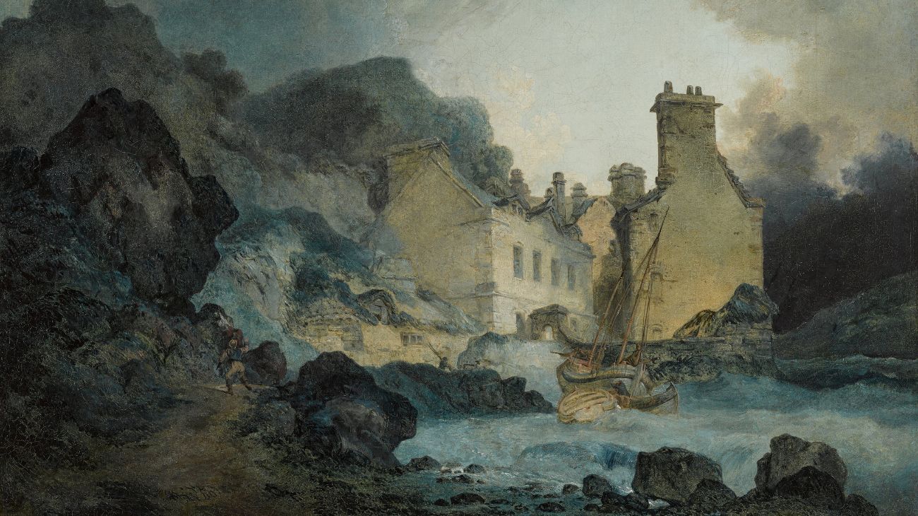 An oil painting scene of a house on rocks, a wooden boat approaching in a stormy sea.