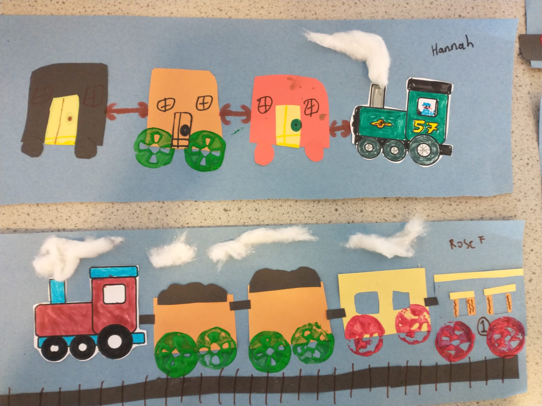 collage of painted trains as part of craft activity