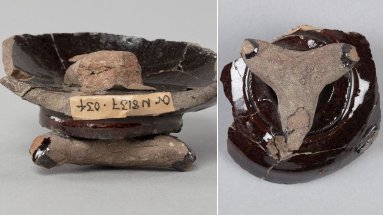 Two photos side by side of the same brown glazed shard. It had a three pointed shape in a matte texture attached to it.