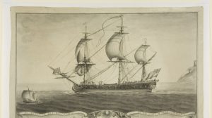 The Blandford Frigate, by Nicholas Pocock, 1760. This image illustrates the narrative of the transatlantic slavery through the border drawings depicting the ship: On the passage to the West Indies and On the coast of Africa trading.