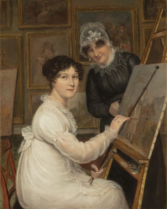 A painting of a woman sat at an easel with her mother beside her.