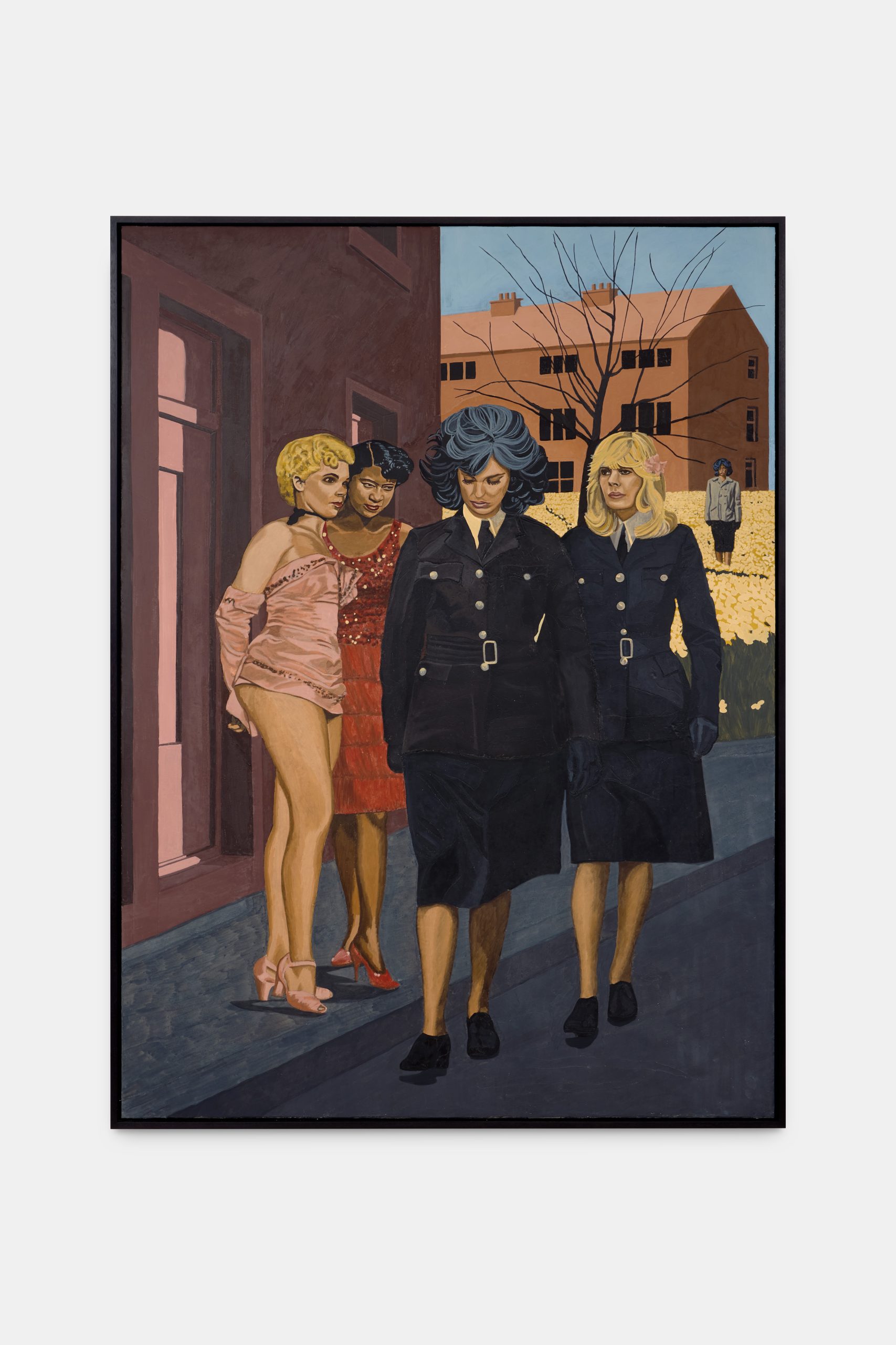 A painted portrait of four women in a street, the two on the right are in uniform.