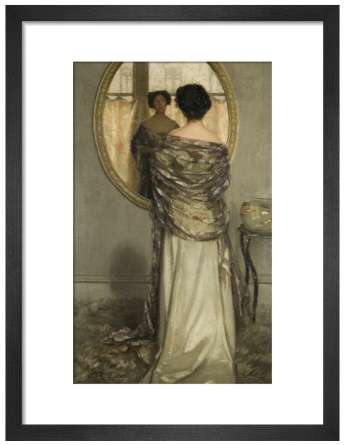 A painting of a woman in a shawl looking in an oval mirror